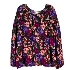 Terra & Sky Top Women’s 1X Purple Floral Balloon Long Raglan Sleeve Relaxed Fit
